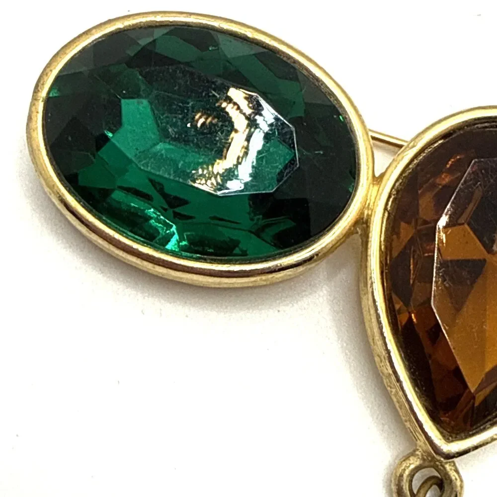 Vintage Rhinestone Gold Tone Bar Brooch Art Deco Chunky Green Amber Purple 3